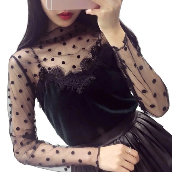 NEW Black Sheer Mesh Blouse Polka Dot Top S to MP - Picture 2 of 8